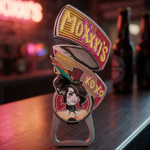 Borderlands Flaschenoeffner Mad Moxxi auf einer Bartheke mit Neonlicht