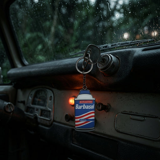 Jurassic Park Schluesselanhaenger Barbasol-Dose am Zuendschluessel eines Jeeps im Regen