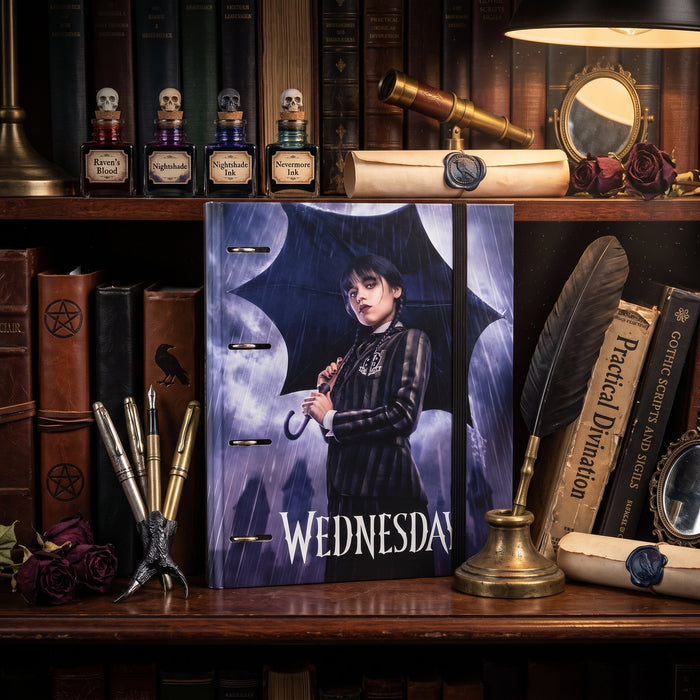 Wednesday Addams ring binder, front view with four-ring mechanism