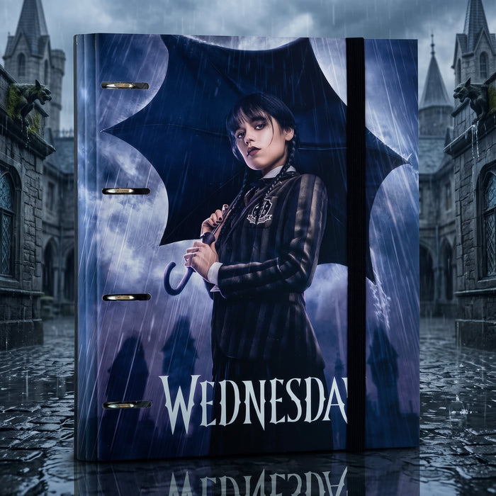 Wednesday Addams ring binder with rainy design and school uniform motif