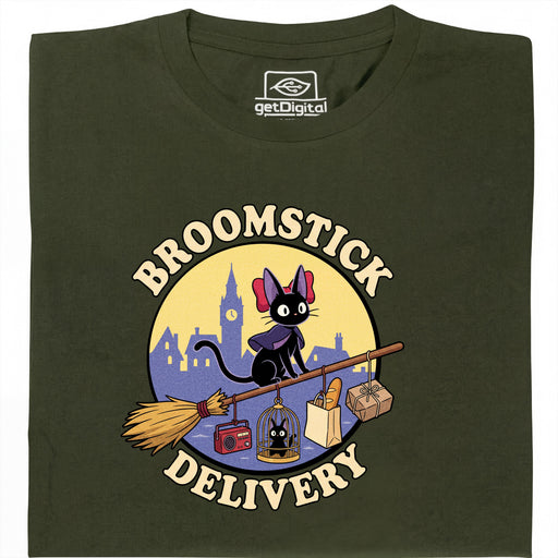Broomstick Delivery - Der Kater übernimmt den Lieferdienst - Hauptansicht T-Shirt Dunkelgrün