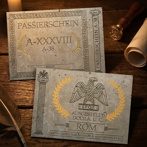 Passierschein A38 10er-Pack auf einem antiken Holzschreibtisch mit Siegelstempel und Feder