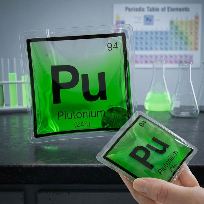 Plutonium Handwärmer auf einer Laborbank mit Reagenzglaesern im Hintergrund
