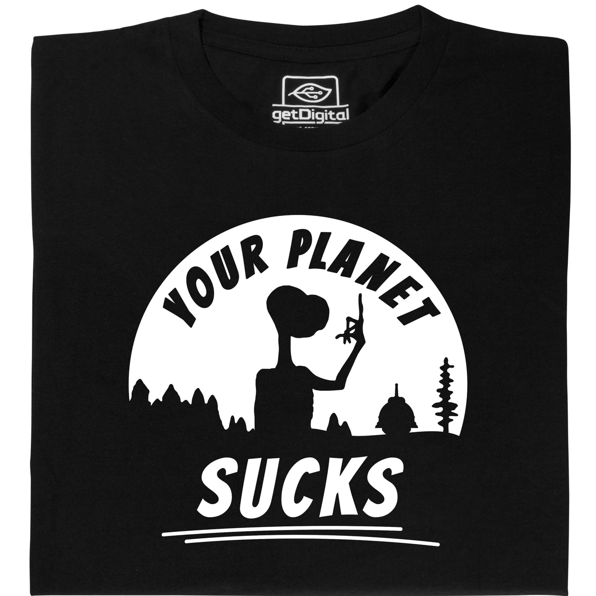 MoonWorks Maglietta Uomo 'Your Planet Sucks' Alien UFO - Nero Taglia XL - 100% Cotone Slim Fit