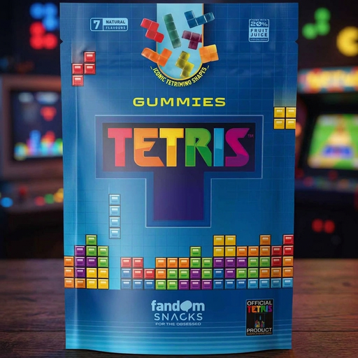Tetris Fruchtgummis auf einem Holztisch vor Retro-Gaming-Bokeh